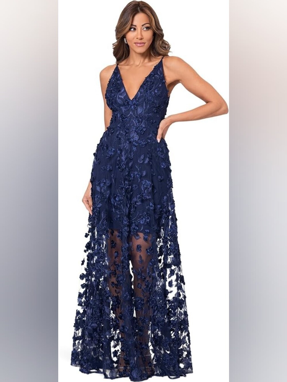 Xscape 3D Floral Applique Sequin Soutache Mesh V-Neck Formal Gown Dress Size 14